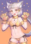  1girl animal_ear_fluff animal_ears artist_name ass_visible_through_thighs bare_shoulders blush bra breasts brown_bra brown_panties cameltoe cat_ears cat_girl cat_tail cocoasabure collarbone cowboy_shot fangs front-tie_top fur_collar gloves gradient gradient_background groin hair_ribbon halloween hands_up highres long_hair looking_at_viewer medium_breasts navel niyah open_mouth orange_eyes panties paw_gloves paws ribbon short_hair side-tie_panties silver_hair solo star stomach tail thighhighs underwear very_long_hair xenoblade_(series) xenoblade_2 