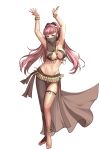  1girl absurdres alternate_costume anklet arms_up barefoot belly_chain breasts cleavage dancer dancing earrings fire_emblem fire_emblem:_three_houses harem_outfit highres hilda_valentine_goneril jewelry long_hair midriff navel pink_hair side_slit simple_background solo veil white_background 