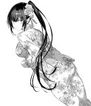  1girl ass black_hair blush breasts dutch_angle floral_print greyscale hair_between_eyes hair_ornament hair_ribbon haitekudasai_takamine-san highres hiiragi_yuuichi japanese_clothes kimono large_breasts long_hair looking_at_viewer monochrome print_kimono ribbon simple_background solo takamine_takane thighs white_background yukata 