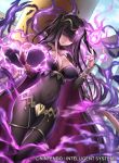  1girl bangs black_hair blunt_bangs blush bodystocking bodysuit book bracelet breasts bridal_gauntlets cape circlet cleavage copyright covered_navel evil_smile fire_emblem fire_emblem_awakening fire_emblem_cipher jewelry kousei_horiguchi large_breasts long_hair looking_at_viewer magic open_book pelvic_curtain purple_eyes smile solo tharja tiara two_side_up 