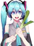  1girl :d bare_shoulders blue_eyes blue_neckwear breasts commentary detached_sleeves dizim english_commentary eyebrows_visible_through_hair eyelashes food grey_shirt hair_between_eyes happy hatsune_miku heart heart-shaped_pupils highres holding holding_food holding_spring_onion long_hair looking_afar multicolored multicolored_eyes necktie open_mouth purple_eyes shirt simple_background sleeveless sleeveless_shirt small_breasts smile solo spring_onion standing straight_hair symbol-shaped_pupils teeth tongue twintails upper_body upper_teeth vegetable very_long_hair vocaloid white_background 