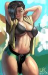  1girl alternate_costume arms_up asymmetrical_hair belt black_belt black_bikini_top brazilian breasts brown_eyes cleavage cornrows dark_skin day green_shorts hair_over_one_eye large_breasts laura_matsuda lips navel nose open_clothes ribs short_shorts shorts solo stomach street_fighter street_fighter_v thick_thighs thighs toned ujac underboob 