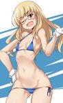  1girl ;d bangs bikini blonde_hair blue_bikini blush breasts buta-don collarbone eyebrows_visible_through_hair glasses gloves hand_on_hip highres long_hair looking_at_viewer navel one_eye_closed open_mouth perrine_h_clostermann side-tie_bikini small_breasts smile solo strike_witches swimsuit white_gloves world_witches_series yellow_eyes 
