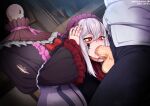  1boy 1girl black_dress black_pants blush deepthroat doll doll_joints dress dress_shirt fellatio frilled_dress frills grey_hair hair_between_eyes headless heart heart-shaped_pupils indie_virtual_youtuber indoors joints jowol maid_headdress medium_hair neocoill oral orange_eyes pants penis shiny_skin shirt smile symbol-shaped_pupils testicles torn_clothes torn_dress web_address white_shirt 