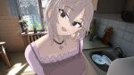  1girl 3d_background anastasia_(idolmaster) blue_eyes blush commentary_request grey_hair head_tilt highres idolmaster idolmaster_cinderella_girls indoors jewelry kitchen looking_at_viewer necklace niku-name open_mouth purple_shirt shirt short_hair solo sunlight upper_body 