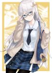  1girl absurdres anastasia_(fate/grand_order) bag blue_eyes contemporary evening_rabbit fate/grand_order fate_(series) glasses highres long_hair necktie pantyhose plaid plaid_skirt school_bag silver_hair skirt stationery 