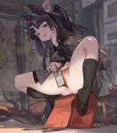  1girl :d absurdres animal_ears aqua_eyes ass backpack bag black_socks blunt_bangs breasts commentary_request fang fang_out fundoshi highres horns japanese_clothes kneehighs long_hair navel original purple_hair randoseru sitting small_breasts smile so-taro socks solo spread_legs tail 