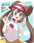  1girl bangs black_legwear blue_eyes blue_sleeves blush breasts brown_hair commentary_request double_bun eromame eyebrows_visible_through_hair hair_bun hands_up long_hair looking_at_viewer medium_breasts mei_(pokemon) open_mouth pokemon pokemon_(game) pokemon_bw2 raglan_sleeves shirt shorts simple_background solo star text_focus tied_hair translation_request twintails twitter_username upper_body very_long_hair visor_cap white_shirt wristband yellow_shorts 