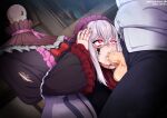  1boy 1girl black_dress black_pants cum cum_in_mouth deepthroat doll doll_joints dress dress_shirt fellatio frilled_dress frills grey_hair hair_between_eyes headless indie_virtual_youtuber indoors joints jowol long_hair maid_headdress medium_hair neocoill oral orange_eyes pants penis shiny_skin shirt smile testicles torn_clothes torn_dress web_address white_shirt 