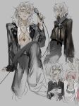  2girls arm_up black_ribbon black_shirt breasts classicaloid coffee crossed_legs drinking earrings genderswap genderswap_(mtf) green_eyes grey_background grey_hair highres holding holding_microphone jewelry large_breasts ludwig_van_beethoven_(classicaloid) microphone multiple_girls necklace octahooves open_clothes open_shirt ribbon see-through_clothes see-through_shirt shirt stretching wolfgang_amadeus_mozart_(classicaloid) 