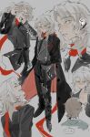  ... 1boy 1girl arm_behind_back black_coat black_pants classicaloid coat green_eyes grey_background grey_hair grey_jacket jacket long_hair long_sleeves ludwig_van_beethoven_(classicaloid) multiple_views octahooves open_mouth otowa_kanae pants parted_lips red_scarf scarf speech_bubble spoken_ellipsis 