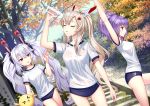  3girls alternate_costume autumn_leaves ayanami_(azur_lane) azur_lane bangs bare_thighs blue_buruma bottle buruma closed_eyes commentary_request day eyebrows_visible_through_hair green_eyes gym_uniform highres javelin_(azur_lane) laffey_(azur_lane) lavender_hair long_hair long_ponytail manjuu_(azur_lane) medium_hair multiple_girls outdoors platinum_blonde_hair ponytail pouring pouring_onto_self purple_hair red_eyes revision shirt sidelocks sony_kisaragi stairs stone_stairs stretch tree twintails very_long_hair water water_bottle wet wet_clothes wet_shirt 