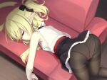  1girl ahoge airi_(ogami_kazuki) bags_under_eyes bare_arms bare_shoulders bent_over black_legwear black_skirt blonde_hair blouse closed_eyes couch highres huge_ahoge indoors lying miniskirt ogami_kazuki on_stomach original panties panties_under_pantyhose pantyhose pointy_ears skirt sleeping sleeveless_blouse solo thighband_pantyhose underwear white_blouse 