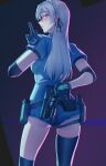  1girl absurdres blue_eyes blush braid commentary dangodes elbow_pads english_commentary gloves grey_hair gun handgun highres original parted_lips police short_shorts shorts single_thighhigh thighhighs weapon weapon_behind_back 