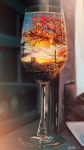  absurdres artist_name autumn_leaves banishment blurry blurry_background branch cloud commentary_request cup depth_of_field drinking_glass highres huge_filesize leaf no_humans original power_lines reflection scenery sky still_life sunset tree wine_glass 