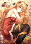  1girl absurdres ahoge armpit_crease bare_arms bare_shoulders bed_sheet bow breasts brown_hair brown_legwear christmas cleavage closed_mouth dress frown fur_trim game_console gift girls_frontline green_eyes hair_bun highres large_breasts long_hair looking_at_viewer lotpi lying on_side orange_bow pantyhose red_bow red_dress revision rfb_(girls_frontline) sidelocks snowman solo star strapless strapless_dress 