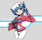  1girl autobot blue_eyes blue_hair closed_mouth denim fingerless_gloves gloves hat jacket jeans jewelry matrix_of_leadership nail_polish necklace optimus_prime pants personification robot_ears short_hair signature simple_background smile sunafuki_tabito transformers 