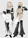  1girl alternate_costume apron black_bow black_pants blue_eyes bow brown_hair classicaloid closed_mouth enmaided franz_liszt_(classicaloid) full_body grey_background hair_bow long_hair long_sleeves maid maid_headdress multiple_views octahooves pants ponytail simple_background sketch very_long_hair white_apron 