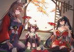  3girls :d absurdres ahoge akagi-chan_(azur_lane) akagi_(azur_lane) alcohol amagi_(azur_lane) animal_ears autumn_leaves azur_lane bangs bare_shoulders bell bird bird_mask black_hair black_kimono black_legwear blunt_bangs bottle bow breasts brown_hair chick cleavage coat commentary_request cup diieru drinking_glass eyeshadow fox_ears fox_girl fox_tail hair_bell hair_between_eyes hair_bow hair_ornament hair_ribbon highres japanese_clothes kimono large_breasts leaf long_hair looking_at_viewer makeup manjuu_(azur_lane) maple_leaf mask mask_on_head multiple_girls multiple_tails off-shoulder_kimono off_shoulder open_mouth red_coat red_eyes red_kimono ribbon sakazuki sake sake_bottle sitting size_difference smile taihou_(azur_lane) tail tatami thick_eyebrows thighhighs tokkuri twintails wariza wide_sleeves wind window zettai_ryouiki 