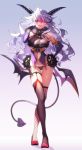  1girl :d bare_shoulders black_panties breasts brown_legwear commentary_request crossed_legs demon_girl demon_horns demon_tail elbow_gloves fang fishnet_legwear fishnets full_body fur_collar gloves hand_on_hip hand_up heart_cutout high_heels highres horns large_breasts long_hair looking_at_viewer mismatched_legwear multicolored_hair nasubi_(w.c.s) navel navel_cutout no_pants open_mouth original panties purple_gloves red_eyes red_footwear red_hair revealing_clothes revision silver_hair skindentation smile solo standing tail thigh_gap thighhighs thighs two-tone_hair underwear watson_cross wavy_hair 