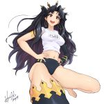  1girl :d armlet barefoot black_gloves black_legwear black_ribbon blush breasts buruma crown earrings elbow_gloves fate/grand_order fate_(series) fingerless_gloves gloves gym_uniform hair_ribbon hands_on_hips hori_shin ishtar_(fate/grand_order) jewelry kneehighs long_hair looking_at_viewer midriff navel open_mouth red_eyes ribbon simple_background sleeves_rolled_up smile solo teeth two_side_up very_long_hair white_background 