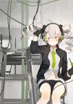  1girl absurdres ahoge bangs black_gloves black_jacket black_shorts blush closed_mouth collared_shirt drill_hair eyebrows_visible_through_hair flying_sweatdrops fuu_fuu girls_frontline gloves green_neckwear hair_ornament hair_ribbon hairclip headphones highres jacket long_hair necktie pp-90_(girls_frontline) red_eyes ribbon shirt shorts silver_hair sitting solo twin_drills white_shirt wire x_hair_ornament 