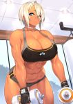  1girl 23_(real_xxiii) abs bangs black_gloves blonde_hair blue_eyes blush breasts choker dark-skinned_girl_(23) dark_skin dumbbell exercise fingerless_gloves gloves gym_shorts highres huge_breasts looking_at_viewer midriff muscle muscular_female navel open_mouth original platinum_blonde_hair short_hair short_shorts shorts solo strapless sweat tan toned tubetop weights 