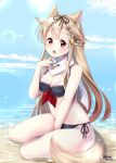  1girl animal_ears bangs beach bikini black_ribbon blonde_hair blush braid breasts cleavage day fang hair_flaps hair_ornament hair_ribbon hairclip highres joujou kantai_collection long_hair medium_breasts open_mouth outdoors red_eyes remodel_(kantai_collection) ribbon sand scarf side-tie_bikini sitting skin_fang solo swimsuit tail twitter_username water white_scarf yuudachi_(kantai_collection) 