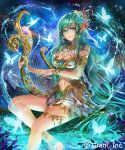  1girl bare_shoulders barefoot blue_butterfly blue_eyes breasts bug butterfly cleavage detached_sleeves earrings elf flower gem green_hair hair_flower hair_ornament harp insect instrument jewelry large_breasts lips long_hair looking_at_viewer midriff navel necklace official_art pointy_ears poshii_(posy) shingoku_no_valhalla_gate sitting smile solo very_long_hair 