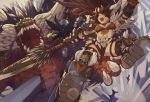  1girl action armor armored_boots armpits battle bikini blue_eyes boots breasts brown_hair bug crystal dragon falling helmet holstered_weapon horned_headwear horned_helmet horns insect insect_glaive kanrinin_(gyfp4747) knife knife_holster long_hair medium_breasts midriff monster monster_hunter monster_hunter:_world nergigante nergigante_(armor) open_mouth polearm shoulder_armor spear spikes swimsuit thigh_strap thighhighs weapon 