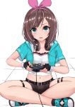  1girl a.i._channel aqua_eyes belt brown_hair crossed_legs fingerless_gloves game_console gamecube gamecube_controller gloves hairband headphones headphones_around_neck highres kizuna_ai kizuna_ai_(a.i._games) kuronosu_(yamada1230) legs looking_at_viewer midriff navel playing_games ribbon shoes short_hair short_shorts shorts simple_background sitting solo tile_floor tiles virtual_youtuber white_background 