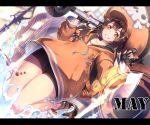  1girl anchor backpack bag bangs bike_shorts black_gloves black_shorts brown_hair character_name clenched_teeth collarbone commentary_request eyebrows_visible_through_hair fingerless_gloves gloves guilty_gear guilty_gear_2020 hat highres jacket letterboxed long_hair long_sleeves looking_at_viewer may_(guilty_gear) orange_eyes orange_headwear orange_jacket shorts skull_and_crossbones smile solo teeth thighs tomoyohi 