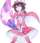  1girl 3: adapted_costume alternate_costume blush braid brown_hair buttons capelet closed_mouth collared_shirt commentary frilled_legwear frilled_skirt frills frown gloves hair_ribbon hat hat_ribbon highres holding holding_wand magical_girl pink_capelet pink_headwear pink_legwear pink_skirt purple_eyes ribbon shirt short_hair simple_background single_braid skirt solo standing sweatdrop thighhighs touhou usami_renko usuaji wand wavy_mouth white_background white_gloves white_ribbon white_shirt 