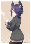  1girl artist_name black_legwear blush breasts brown_eyes closed_mouth expressionless eyebrows_visible_through_hair eyepatch grey_sweater hair_over_one_eye highres kantai_collection kotobuki_(momoko_factory) large_breasts long_sleeves looking_at_viewer purple_hair short_hair sleeves_past_wrists solo sweater tenryuu_(kantai_collection) thighhighs twitter_username 