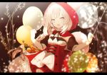  1girl :d baguette balloon bangs basket black_ribbon bottle bow braid bread breasts cape commentary_request dress_shirt fate/grand_order fate_(series) food grey_eyes hands_up hood hood_up hooded_cape letterboxed long_hair looking_at_viewer marie_antoinette_(fate/grand_order) open_mouth pleated_skirt puffy_short_sleeves puffy_sleeves red_bow red_cape red_skirt ribbon shirt short_sleeves silver_hair skirt small_breasts smile solo very_long_hair white_shirt yuzuyomogi 