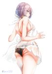  1girl ass back bare_shoulders black_panties blush breasts closed_mouth dress envelolip fate/grand_order fate_(series) hair_over_one_eye highres large_breasts lavender_hair looking_at_viewer looking_back mash_kyrielight panties purple_eyes see-through sheer_clothes short_dress short_hair simple_background thighs underwear white_background 