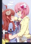  2girls absurdres ahoge arm_grab blue_background blue_eyes blurry_foreground blush brown_hair chiyoda_momo commentary_request demon_girl demon_horns demon_tail door doorknob eye_contact eyebrows_visible_through_hair hair_ornament highres horns hourglass indoors long_hair looking_at_another machikado_mazoku multiple_girls open_mouth school_uniform simple_background smoke tail tomu_tomu umbrella wall_slam yoshida_yuuko_(machikado_mazoku) yuri 