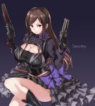  1girl belt black_dress black_footwear bow breasts brown_hair character_name cleavage cleavage_cutout dorothy_(princess_principal) dress dress_bow dual_wielding frilled_dress frills gun hair_bun handgun highres holding holding_gun holding_weapon large_breasts long_hair long_sleeves looking_at_viewer o-ring princess_principal purple_background purple_bow purple_eyes puru_(ex-150) revolver sidelocks solo weapon 