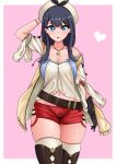  1girl :d absurdres arm_up atelier_(series) atelier_ryza bangs belt belt_buckle beret black_hair black_ribbon blue_eyes breasts brown_belt brown_gloves brown_legwear buckle cleavage collarbone cosplay eyebrows_visible_through_hair gloves hair_between_eyes hand_up hat heart highres hood hood_down hooded_jacket jacket jewelry looking_at_viewer medium_breasts navel necklace open_clothes open_jacket open_mouth red_shorts reisalin_stout reisalin_stout_(cosplay) ribbon shirt short_shorts short_sleeves shorts simple_background single_glove skindentation sleeveless sleeveless_jacket smile solo ssss.gridman star star_necklace takarada_rikka the_only_shoe thick_thighs thighhighs thighs trait_connection white_headwear white_shirt yellow_jacket 