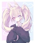  1girl absurdres animal_ear_fluff animal_ears bad_id bad_pixiv_id bangs black_sweater blonde_hair blue_eyes blunt_bangs blush border buran_(kure) closed_mouth collared_shirt eyebrows_visible_through_hair facial_mark fingernails fox_ears gradient gradient_background hair_between_eyes hair_ornament head_tilt heart heterochromia highres long_hair long_sleeves looking_at_viewer nail_polish original puffy_long_sleeves puffy_sleeves purple_nails red_eyes school_uniform shirt sleeves_past_wrists smile solo sweater symbol-shaped_pupils twintails two-tone_background upper_body v white_border white_shirt 