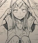  1girl closed_mouth commentary_request dagashi_kashi ear_piercing endou_saya hair_ornament hairclip highres hood hoodie kotoyama long_hair looking_at_viewer monochrome piercing sanpaku smile solo 