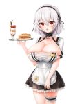  1girl alternate_costume anchor_choker apron azur_lane breasts choker cleavage closed_mouth commentary_request cowboy_shot enmaided eyebrows_visible_through_hair food frilled_apron frilled_garter frills highres holding holding_tray huge_breasts ice_cream lace-trimmed_hairband macchiato_(jae-min_cho) maid maid_apron maid_dress name_tag pancake red_eyes short_hair silver_hair sirius_(azur_lane) sundae tray white_background white_hair 