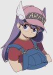  1girl :&gt; absurdres baseball_cap black-framed_eyewear breast_pocket character_name clothes_writing dr._slump edoya_inuhachi glasses grey_background hands_in_pockets hat head_tilt highres long_hair looking_at_viewer norimaki_arale overalls pocket purple_eyes purple_hair red_shirt semi-rimless_eyewear shirt short_sleeves signature simple_background smile solo straight_hair upper_body winged_hat wings 