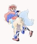  1boy absurdres blue_jacket bodysuit bodysuit_under_clothes bright_pupils brown_eyes brown_hair closed_mouth commentary grey_pants highres jacket keldeo looking_down male_focus nate_(pokemon) pants pokemon pokemon_(creature) pokemon_bw2 shoes short_hair simple_background standing symbol-only_commentary tan_carbonnn visor_cap white_background white_pupils 