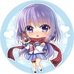  1girl angel_beats! artist_name bangs blue_skirt blush brown_footwear can chibi eyebrows_visible_through_hair full_body hair_between_eyes holding holding_can irie_(angel_beats!) kneehighs long_hair long_sleeves looking_at_viewer miniskirt nakamura_hinato open_mouth pink_neckwear plaid plaid_scarf pleated_skirt purple_eyes purple_hair red_scarf scarf school_uniform shiny shiny_hair shirt skirt solo standing very_long_hair white_background white_legwear white_shirt 