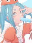  1girl arm_up blue_hair center_frills commentary_request fingernails food food_in_mouth googly_eyes green_eyes highres looking_at_viewer medium_hair monogatari_(series) mouth_hold nisemonogatari ononoki_yotsugi orange_headwear orange_shirt popsicle puffy_short_sleeves puffy_sleeves redb shiny shiny_hair shirt short_eyebrows short_sleeves sidelocks solo thick_eyebrows tongue twintails upper_body v_over_eye white_background 