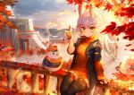 1girl absurdres animal animal_ears arm_support autumn_leaves azur_lane bangs bird black_jacket black_legwear blue_sky blurry blurry_foreground blush breasts bubble_tea building cabbie_hat closed_mouth clothed_animal cloud commentary_request cup day depth_of_field disposable_cup drawstring drinking_straw eyebrows_visible_through_hair green_eyes hat highres holding holding_cup huge_filesize jacket janyhero kitakaze_(azur_lane) leaf long_hair long_sleeves looking_at_viewer maple_leaf on_railing open_clothes open_jacket orange_headwear orange_sweater outdoors railing ribbed_sweater short_over_long_sleeves short_sleeves silver_hair sitting sitting_on_railing sky small_breasts smile solo sweater thighhighs turtleneck turtleneck_sweater 