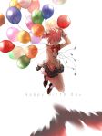  1girl backlighting balloon bare_legs blurry blush brown_footwear floating floating_hair full_body grey_skirt hand_on_own_chest happy happy_birthday highres kaname_madoka legs_together light_particles loafers long_sleeves looking_away mahou_shoujo_madoka_magica messy_hair mitakihara_school_uniform neck_ribbon open_mouth pink_eyes pink_hair plaid plaid_skirt puffy_short_sleeves puffy_sleeves red_ribbon ribbon ribbon_hair school_uniform shadow shoes short_sleeves simple_background skirt solo uniform watanuki_uchiha white_background 