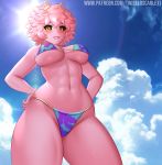 1girl ashido_mina bare_arms bare_shoulders beach bikini black_sclera boku_no_hero_academia breasts breasts_apart day hand_on_hip highres hip_focus horns looking_at_viewer looking_down medium_breasts medium_hair navel open_mouth outdoors pink_hair pink_skin smile solo stomach strap_gap swimsuit twistedscarlett60 yellow_eyes 