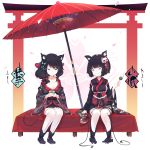  2girls ^_^ absurdres animal_ears azur_lane black_hair bow breasts butterfly_hair_ornament cat_ears cat_mask character_name cherry_blossoms cleavage closed_eyes collarbone commentary_request cup dango diieru eating food fusou_(azur_lane) gloves green_tea hair_bow hair_ornament hair_ribbon highres holding japanese_clothes kimono long_hair mask mask_on_head multiple_girls oriental_umbrella petals pleated_skirt ribbon short_hair short_kimono sideboob sitting skirt smile tea thighhighs torii translated umbrella wagashi white_gloves wide_sleeves yamashiro_(azur_lane) yunomi zettai_ryouiki 